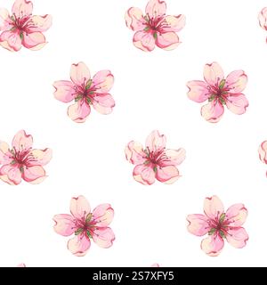 Nahtloses Muster mit Mandelblüten. Einfaches Aquarellmuster von Kirschblüten. Handgezeichnete botanische Illustration für den Stoffdruck. Zarte Feder Stockfoto