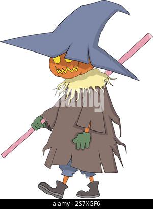 Diese Vektor-Illustration zeigt eine Halloween-Vogelscheuche mit einem Kürbiskopf, trägt einen zerrissenen braunen Mantel und eine große blaue Hexe ha Stock Vektor
