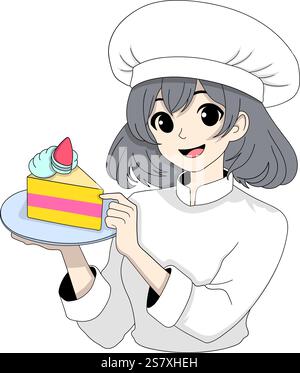 Diese Illustration zeigt eine fröhliche Konditorin in einer weißen Uniform, die ein buntes Stück Kuchen auf einem Teller hält und Charme und Professionalität ausstrahlt Stock Vektor
