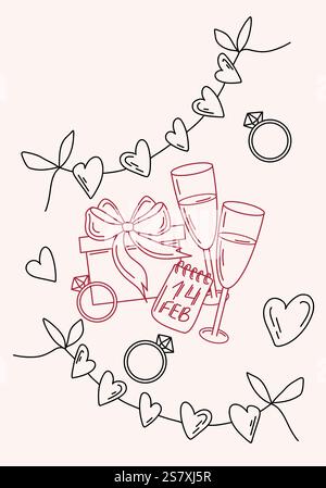 Hand gezeichnete Valentinstag Vektorkarte Illustration mit Tulpen, Ring, Herzen, Champagnergläser, Geschenkbox, und romantische Elemente. Schwarz und rot. Sketc Stock Vektor