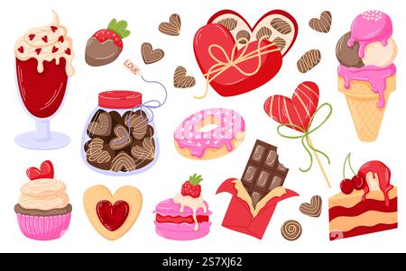 Süßigkeiten und Desserts zum Valentinstag mit Schokolade, Süßigkeiten, Cupcakes, Eis und herzförmigen Leckereien im Cartoon-Stil. Perfekt für den Urlaub Stock Vektor