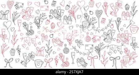 Hand gezeichneter Valentinstag Vektor-Satz. Illustration romantischer Elemente, Herzen, Blumen, Sektgläser, Bögen, und Geschenke. Schwarz und rot. Skizzenstahl Stock Vektor
