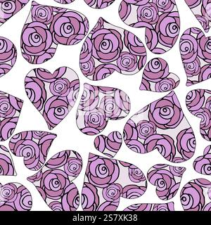 Nahtloses Vektormuster mit Herzformen mit rosa Rosen, blauen Blumen, gelben Gänseblümchen und grünen Blättern auf einem hellbeigen Hintergrund. Perfekt Stock Vektor