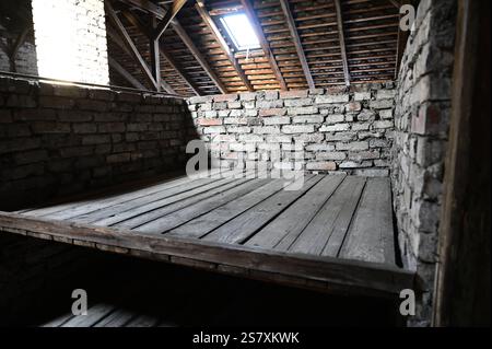 80. Jahrestag der Befreiung des deutschen Konzentrations- und Vernichtungslagers. Europas größtes Zelt für die Befreiung von Auschwitz-Birkenau. Frauenunterkünfte, Schlafstellen. Auschwitz II Birkenau. OÅwiÄcim II - Brzezinka - das größte deutsche Vernichtungslager, das von März 1942 bis Oktober 1944 regelmäßig als Teil der Endlösung der jüdischen Frage in Betrieb war. Organisatorischer und territorialer Krieg er Teil des Konzentrationslagers Auschwitz. Etwa 1 Million Menschen starben in diesem Lager, die überwiegende Mehrheit über 90% waren Juden. Darüber hinaus wurden ein bedeutender Teil der Stockfoto