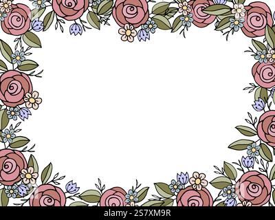 Quadratischer Blumenrahmen mit rosa Rosen, blauen Blumen, gelben Gänseblümchen und grünen Blättern auf weißem Hintergrund. Ideal für Einladungen, Grußkarten und Stock Vektor