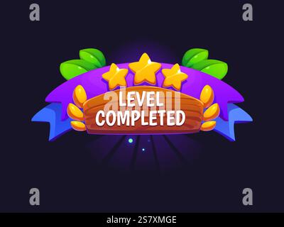 Abzeichen mit abgeschlossenem Level oder Gewinnsieger des Spiels, Banner mit Vektor-Cartoon-GUI. Abgeschlossene Gratulation mit Sternen und Lorbeerkranz auf Holzplan Stock Vektor