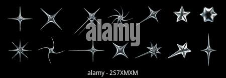 Sternsymbole aus flüssigem Chrom. Glänzende Starburst-Formen, metallischer Y2K-Funken, Retro futuristische glänzende 3D-Sterne mit Flüssigmetalleffekt isolierten Vektorelemen Stock Vektor