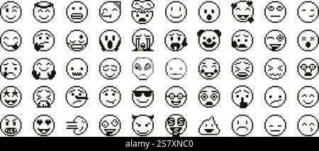 Pixel Art Emoji Gesichter. Pixelige Emoticon-Ikonen mit verschiedenen Gesichtsausdrücken, Retro-Arcade-Gaming 8-Bit-glückliche und traurige Emotionen. Schablone monochrom Stock Vektor