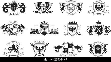 Heraldische Tieremblem-Vorlagen. Elegantes Wappen, edle Wappen mit Schablonenfiguren, phönixvogel, königliches Einhorn, käferschild Stock Vektor
