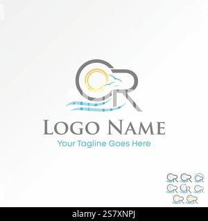 Logo Design Grafik Konzept kreative Premium Vektor Stock Bild Grafik Buchstabe CR Schriftart Strand Sonnenaufgang Vögel Welle Insel Reise Tourismus exotisches Paradies Stock Vektor