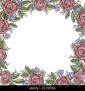 Quadratischer Blumenrahmen mit rosa Rosen, blauen Blumen, gelben Gänseblümchen und grünen Blättern auf weißem Hintergrund. Ideal für Einladungen, Grußkarten und Stock Vektor