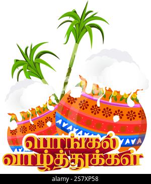 Vektor-Illustration der traditionellen Pongal Festival Feier mit dekorierten Töpfen und Zuckerrohr, perfekt für festliche Karten, kulturelle Designs und Har Stock Vektor