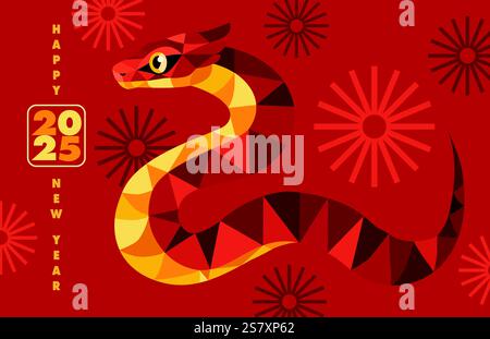 Chinesische Neujahrskarte 2025, Webbanner. Lunar Year of the Snake Design mit goldener roter Schlange, Sternen, Feuerwerk. Orientalischer Illustrationsvektor Stock Vektor