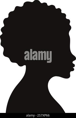 Schwarze, lockige Frauen mit schwarzem Silhouette. Isoliertes Porträtmädchen auf weißem Hintergrund. Vektorabbildung. Handzeichnung Stock Vektor