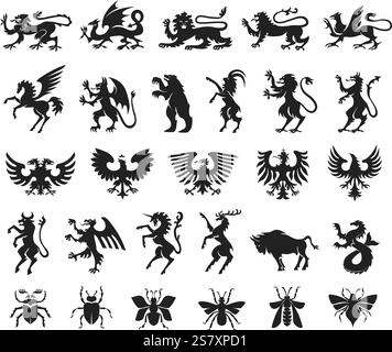 Heraldische Silhouetten. Schablonen Sie mythische Kreaturen, Tiere und Insekten. Fantasy-Drache, magisches Einhorn, königlicher Löwe, Vogel, Hirsch und Stier. Wappen Stock Vektor