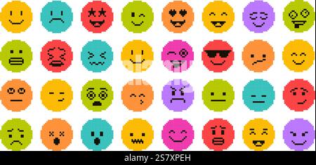Pixelgrafiken. Retro-Emojis mit Pixeldesign, farbenfrohe 8-Bit-Emoticons mit verschiedenen Gesichtsausdrücken wie Glück, Traurigkeit, Wut, Überraschung und Mo Stock Vektor