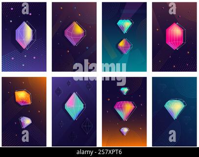 Abstrakte Diamantposter. Geometrische polygonale Kristall-Edelsteine Hintergründe mit Diamantformen Drahtrahmen. Futuristische Schmuckkarten Vektor-Set. Stock Vektor