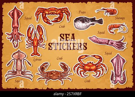 Unterwasser-Tiere-Aufkleber-Pack. Vektorflecken mit handgezeichneten Meeresbewohnern im Retro-Stil sind Krabben, Garnelen, Hummer, Tintenfische und Fugu auf dem alten Ru Stock Vektor