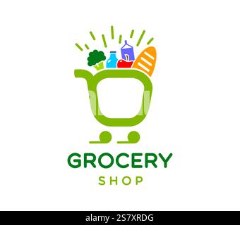 Lebensmittel-Ikone mit grünem Einkaufswagen gefüllt mit Brot, Milchbox und frischem Gemüse. Isoliertes Vektoremblem für Supermärkte, Lebensmittelgeschäfte und Stock Vektor