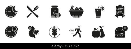 Ernährung und Wellness Silhouette Symbol Set für Diät und Fitness Planung. Gesunde Gewohnheit, Übung, und Gewicht Verlust Glyph Zeichen. Isolierter Vektor Stock Vektor