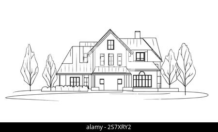 Ein-Line-Verkäufer. Gebäudekomplex im Wald. Von Hand gezeichnete durchgehende Linie der Skizze. Verkaufen Sie eigene Familie Kundenkonzept Vektorillustration Stock Vektor