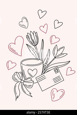 Hand gezeichnete Valentinstag Vektorkarte Illustration mit Tulpen, Herzen, Champagnergläser, Brief, Tasse. Romantische Elemente. Schwarz und rot. Skizzenstil Stock Vektor