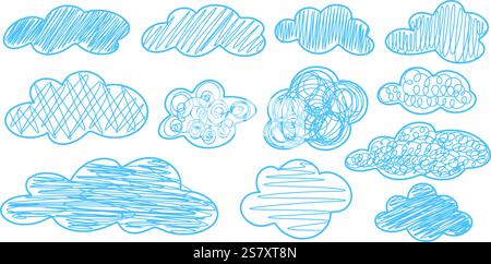 Legen Sie die blaue Kreidezeichnung der Wolken fest. Einfache handgezeichnete Kritzeleien Kinderbilder von Wolken verschiedener Formen, Größe mit Schattierung. Clouds cape im Kreidestil Stock Vektor