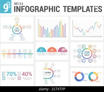 9 Infografikvorlagen, Satz 3, Farben 2 – Zeitachse, Balken- und Liniendiagramme, Tortendiagramm, Prozent, Schritte/Optionen, Kreisdiagramm, Vektor eps10 Illustratio Stock Vektor