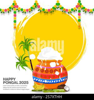 Vektor-Illustrationen eines traditionellen Pongal-Festdesigns mit dekorierten Töpfen und Zuckerrohr, ideal für Grußkarten, kulturelle Designs und Har Stock Vektor