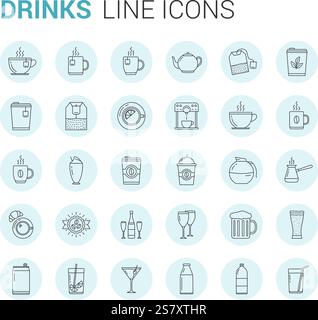 Getränke, Gläser und Flaschen, Symbole mit 30 Linien, Vektorgrafik eps10 Stock Vektor