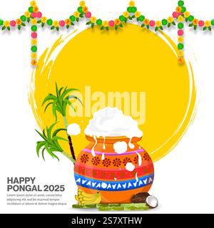 Vektor-Illustrationen eines traditionellen Pongal-Festdesigns mit dekorierten Töpfen und Zuckerrohr, ideal für Grußkarten, kulturelle Designs und Har Stock Vektor