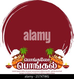 Ein lebhaftes traditionelles Pongal-Design mit irdenen Töpfen, Zuckerrohr und kulturellen Dekorationen, perfekt für Pongal-Feiern, festliche Banner und Werbeanzeigen Stock Vektor