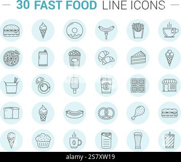 30 Fast-Food-Linien-Symbole in Kreisen, Vektor-eps10-Illustration Stock Vektor