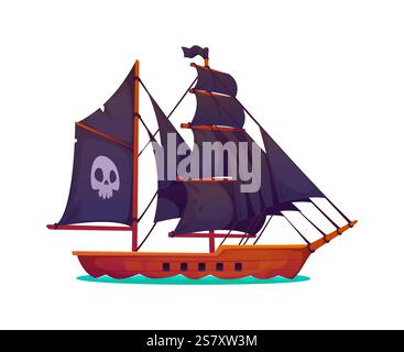 Piratensegelschiff, Cartoon Vektor Seefahrer und Korsair Segel Transport. Alte Fregatte mit schwarzen Segeln, fröhlichem roger-Schädel, Flagge und hölzernem hu Stock Vektor