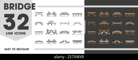 Brückensymbole für Architektur, Gebäude oder Transport und Bau, Vektorsymbole. Verschiedene Brückentypen und Zugbrückenkonstruktionen Stock Vektor