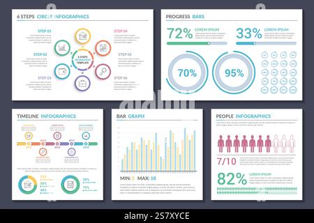Infografiken – Infografiken im Kreis, Fortschrittsbalken, Zeitachse und Tortendiagramme, Balkendiagramme, Infografiken für Personen, Vektorgrafiken eps10 Stock Vektor