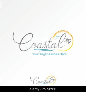 Logo Design Grafik Konzept kreativ Premium Vektor Stock Bild Grafik Text Küsten Schriftart Palmen Vögel Welle Sonnenuntergang Insel Reise Tourismus exotisches Paradies Stock Vektor
