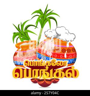 Lebendige Vektor-Illustration des Pongal Festival Posters mit dekorierten Töpfen, Zuckerrohr und Happy Pongal Tamil Text. Perfekt für Grußkarten, Banner Stock Vektor