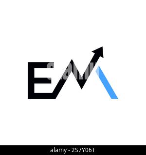 Modernes abstraktes EM-Logo mit nach oben zeigendem Pfeil, das Wachstum, Fortschritt und Professionalität symbolisiert. Perfekt für Geschäftsfokus Stock Vektor