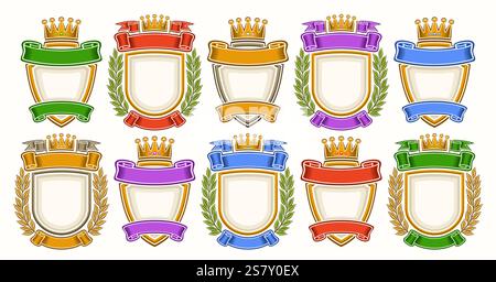 Vector Royal Crest Set, Sammlung von 10 isolierten Illustrationen bunte Wappen mit Kopierraum, Gruppe verschiedener Retro-Familienwappen-Layout Stock Vektor