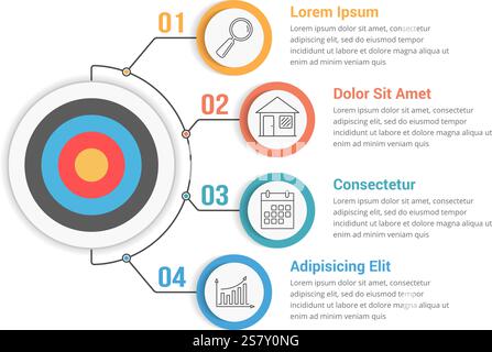 Infografik-Vorlage mit Ziel mit vier Schritten oder Optionen, Workflow, Prozessdiagramm, Vektorgrafik eps10-Illustration Stock Vektor