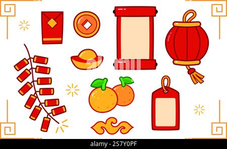 Chinesisches Neujahrsfest - Dinge zum Feiern am Feiertag. Neujahrsartikel für den Lunar. Stock Vektor