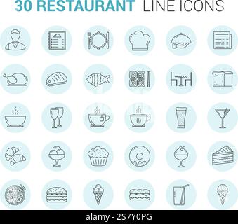 Restaurant und Café - Symbole mit 30 Zeilen, Vektorgrafik eps10 Stock Vektor