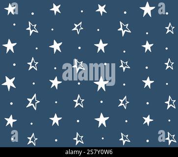 Nahtloses Muster mit Hand gezeichneten Sternen, weiße Sterne mit Kreisen auf blauem Hintergrund, Vektor-eps10-Illustration Stock Vektor