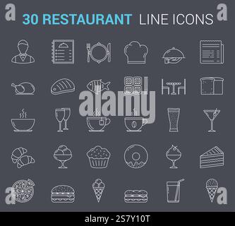Restaurant und Café - Symbole mit 30 Zeilen, Vektorgrafik eps10 Stock Vektor