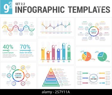 9 Infografikvorlagen, Satz 2, Farben 2 – Zeitachse, Balken- und Liniendiagramme, Pyramide, Tortendiagramm, Prozent, Schritte/Optionen, Kreisdiagramm, Vektor eps10 il Stock Vektor