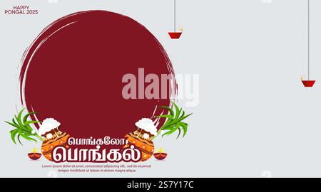 Lebendiges Pongal-Begrüßungsdesign mit traditionellen dekorativen Töpfen, leuchtenden Öllampen und festlichen Details. Ideal für Pongal Banner, Karten. Stock Vektor