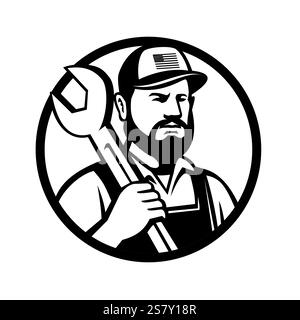 Maskottchen-Illustration eines amerikanischen bärtigen Hipster-Mechanikers mit Schlüssel oder Schlüssel mit Hut Baseballkappe von vorne gesehen, im Kreis auf IS Stock Vektor