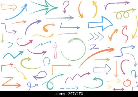 55 farbige handgezeichnete Pfeile auf weißem Hintergrund, Kritzelpfeile, Vektor-eps10-Illustration Stock Vektor
