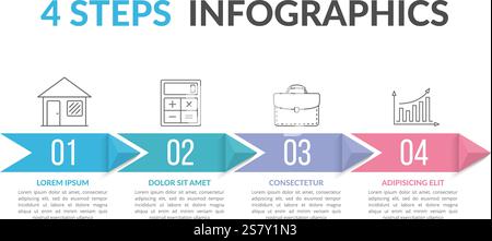 Infografik-Vorlage mit vier Schritten mit Pfeilen, Vektorgrafik eps10-Illustration Stock Vektor